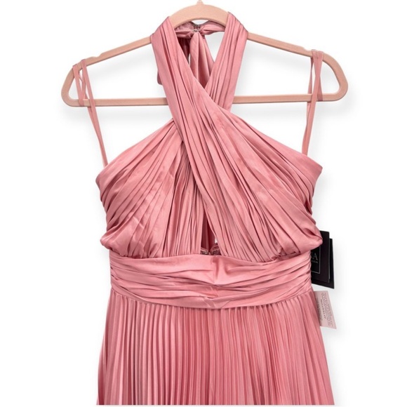 Mac Duggal NEW Rose Pink Pleated Halter Neck Asymmetrical Hem Satin Gown Size 18 - Picture 6 of 15